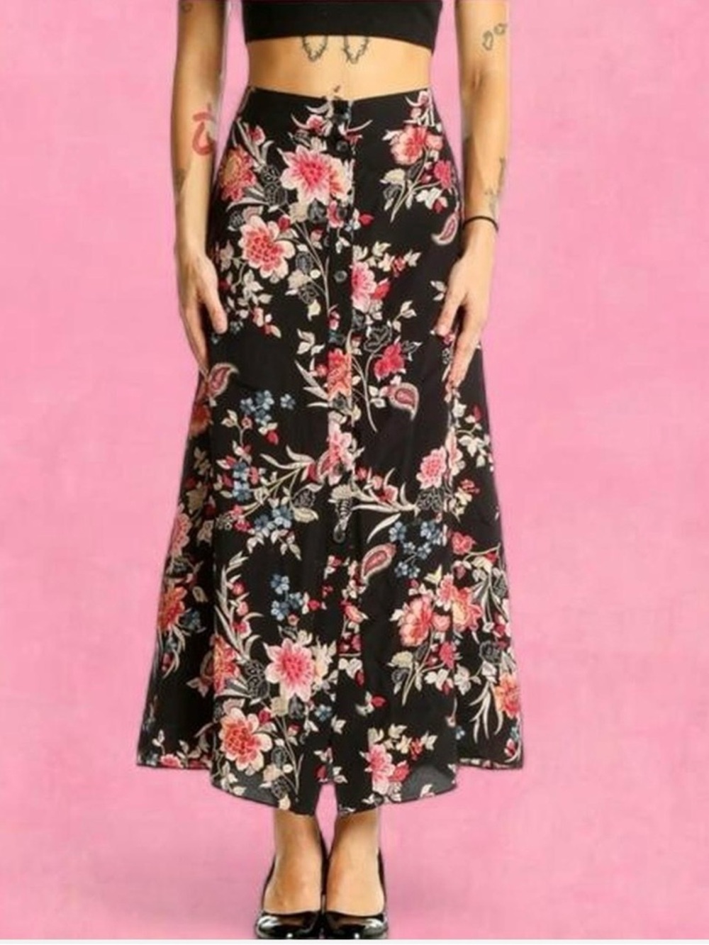 LOFT Black Maxi Skirt with Pink Floral Print